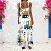 Women Plus Size Scoop Neck Strappy Sleeveless A Line Long Dress Cartoon Printed White