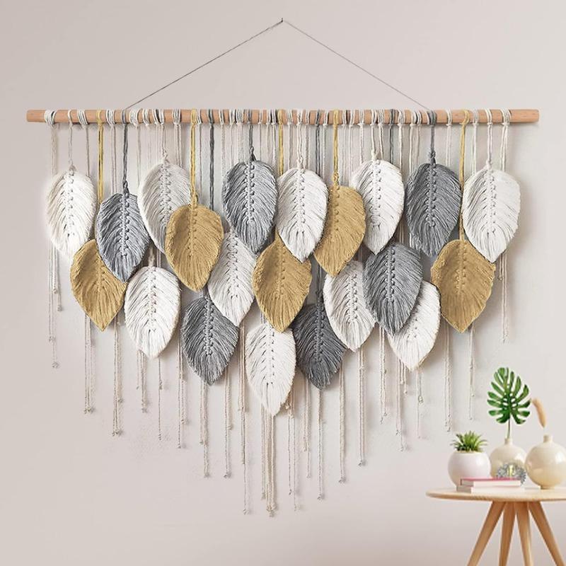 Boho Home Decoration, Macrame Tapestry Macrame Leaf Feather Wall Hanging Decor for Living Room Bedroom, Boho Wall Art Home Decor