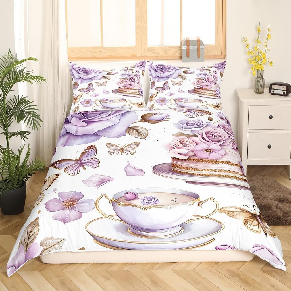 Lovely Bohemian Style Cup Shaped Tea Party Soft Duvet Cover Quen Sized Dimensions Children Kids Rom Decor Watercolor Cofe Beding Cup 3 Piece Set