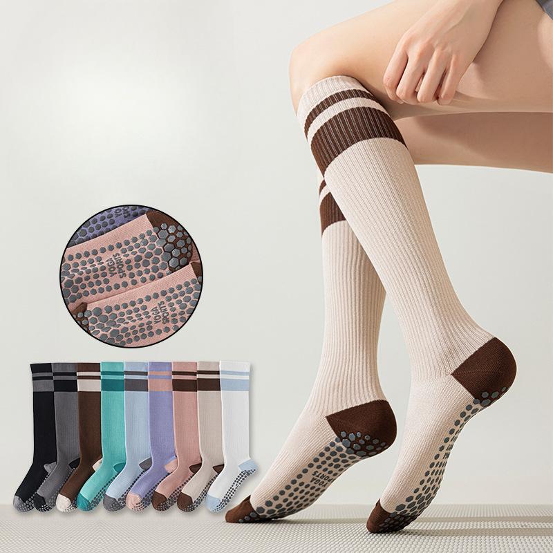 Women's Two Bar Collision Color Absorbs Sweat Breathable Deodorant Fast Dry Glue Non Slip Long Tube Yoga Socks