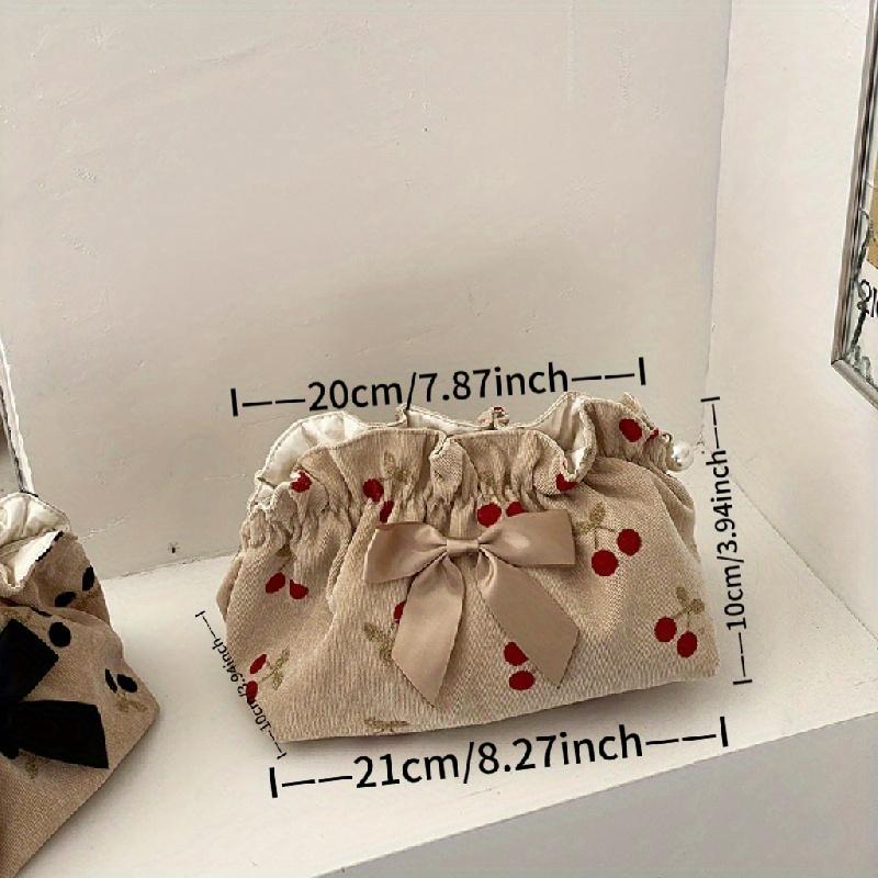 

[Cherry Makeup Bag] Large Capacity Cherry Pattern Corduroy 1pc Makeup Bag for Women | Polyester Travel Cosmetic Pouch with Bow Detail червоний