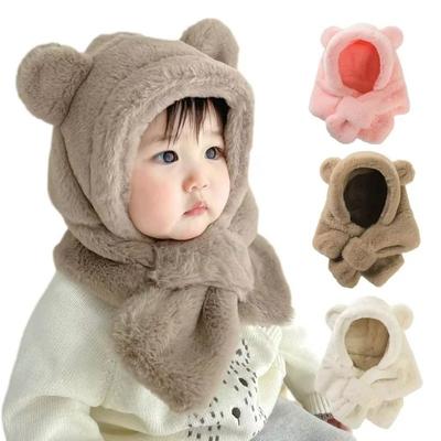 Soft Warm One-Piece Hat Scarf Faux Fur Ear Protection Hats Lovely Baby Bear Plush Hat  Boy Girls