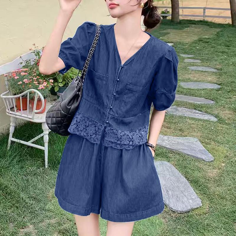 ZANZEA Women Lace Patchwork Short Sleeve Blouse and Shorts Summer Two Piece Suit Sets
