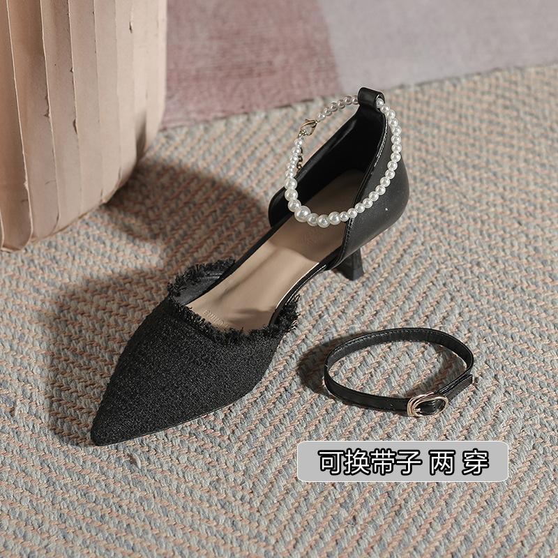 

2025 summer new women s shoes French one-word strap high heels stiletto hollow pointed single shoes stiletto bag head sandals 34 чёрный