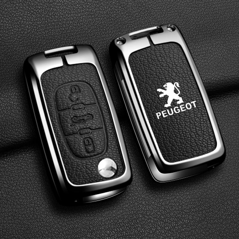 2026 Hete Auto Sticker Legering Leer Auto Flip Afstandsbediening Sleutelhoes Fob Cover Houder Shell voor Peugeot 207 307 308 407 607 807 Beschermer