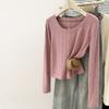 Real Shot Basic Round Neck Pit Strip Long-sleeved Shirt Women's Small Round Neck Solid Color Top Shirt
