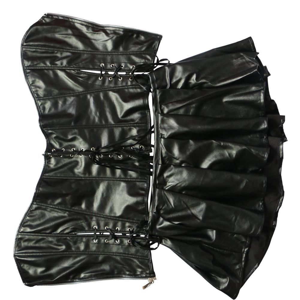 Bright PU Leather Zipper Corset Shapewear Set - Three Pieces