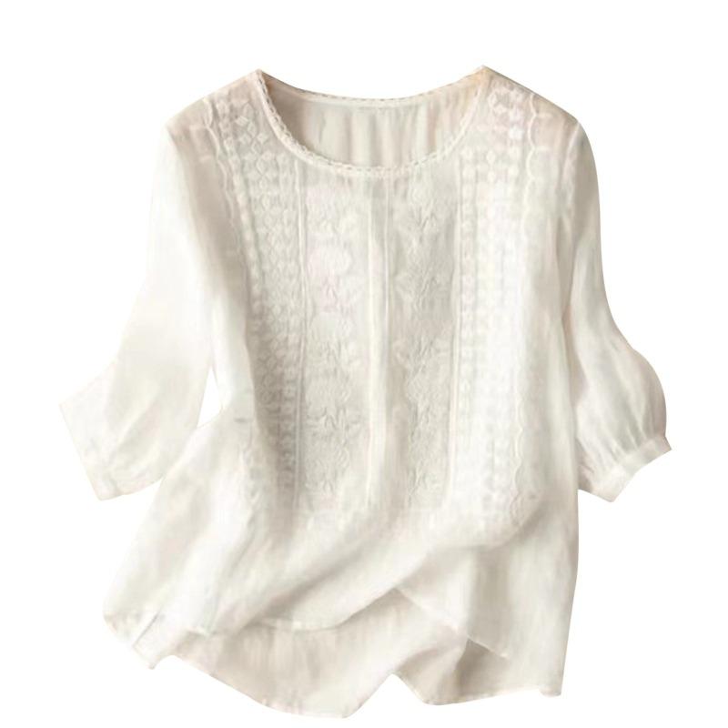 Summer Elegant Embroidery Loose Women Blouse Large Size Casual T-shirt Loose Simple Office Solid Color Fashion Elegant O Neck Sweet Shirts Clothing
