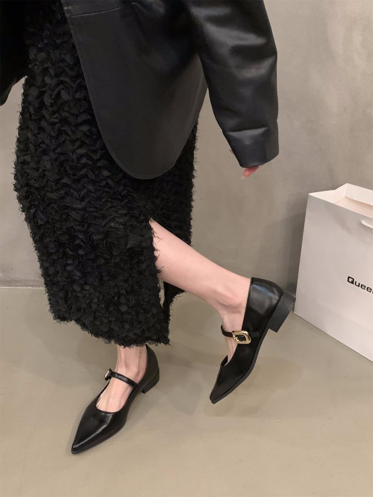 Low-heeled black temperament Mary Jane single shoes women's shoes 2025 new spring and autumn French flat-bottomed pointed evening shoes