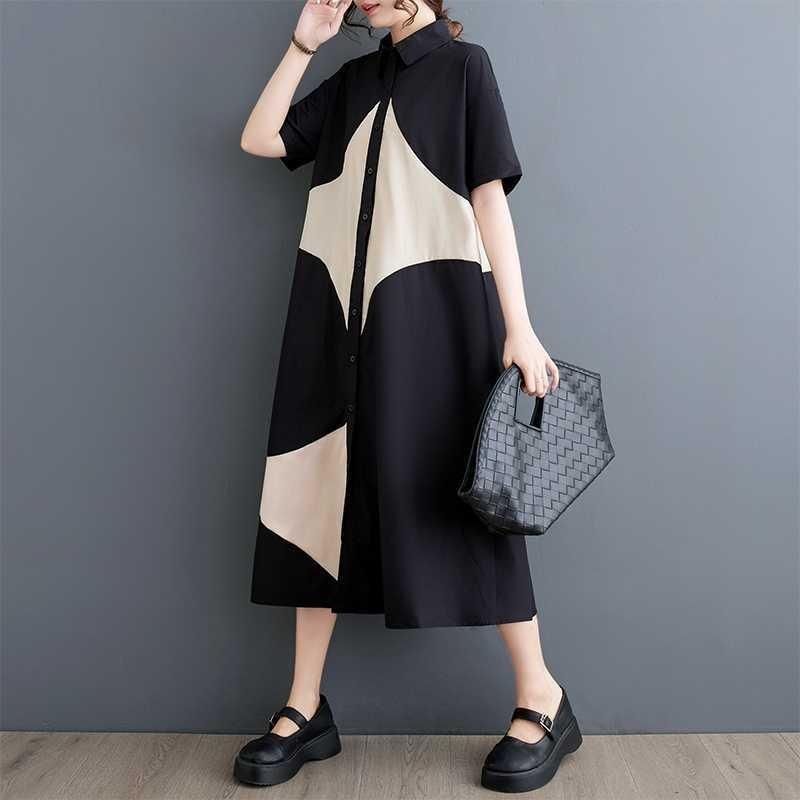 Summer Style Loose Large Size Print Splicing Casual Simple Sweet Short-sleeved Dress