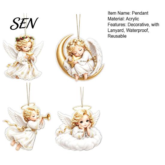 Festive Tree Ornament Christmas Angel Pendant with Lanyard, 2D Flat Acrylic Hanging for Holiday Gift Decoration, Cute Decor Party Car Window Stocking