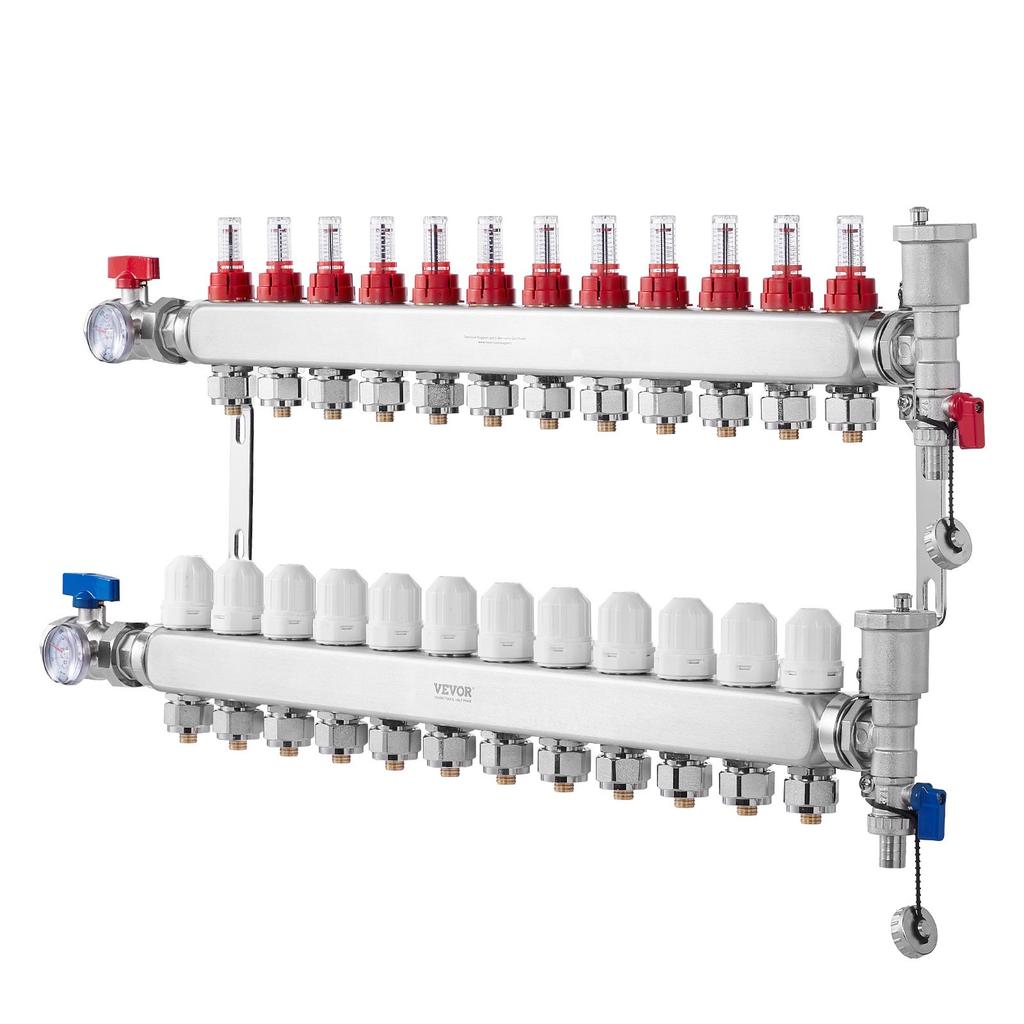 VEVOR 12-Branch Radiant Heat Manifold, 1/2" PEX Tubing Manifold, Stainless Steel PEX Manifold for Hydronic Radiant Floor Heating