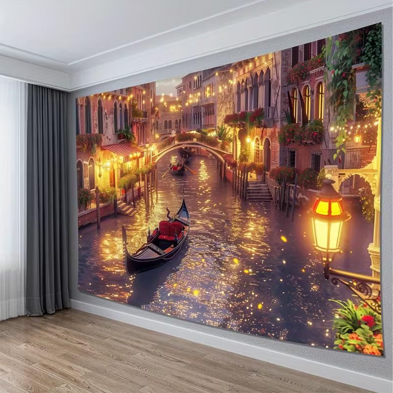 Arazzo 2D Città sull'Acqua di Venezia, Gira in Gondola Notturna e Case sui Canali Wall Art per Arredamento Casa