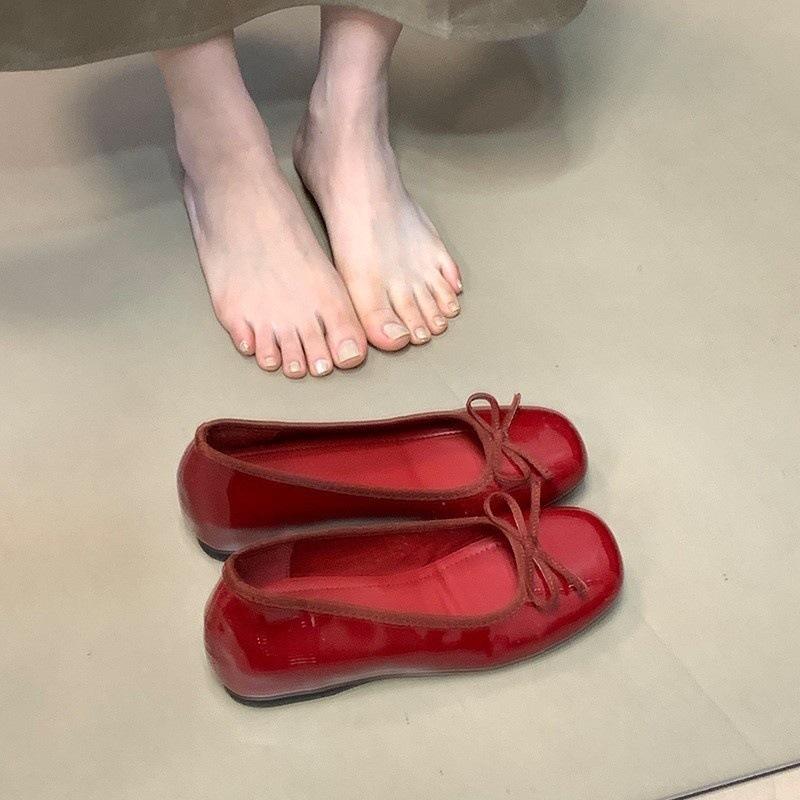 Bow red single shoes French single shoes 2025 spring ladyshoes inner height increase grandma shoes