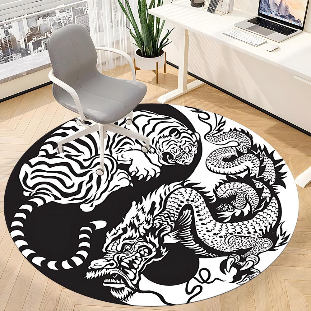 1 Stück Tiger Drache YinYang Büro Runder Teppich, Unter Bürostühlen Schlafzimmer Wohnzimmer Heimdekoration, Raumdeko, In Verschiedenen Größen Erhältlich