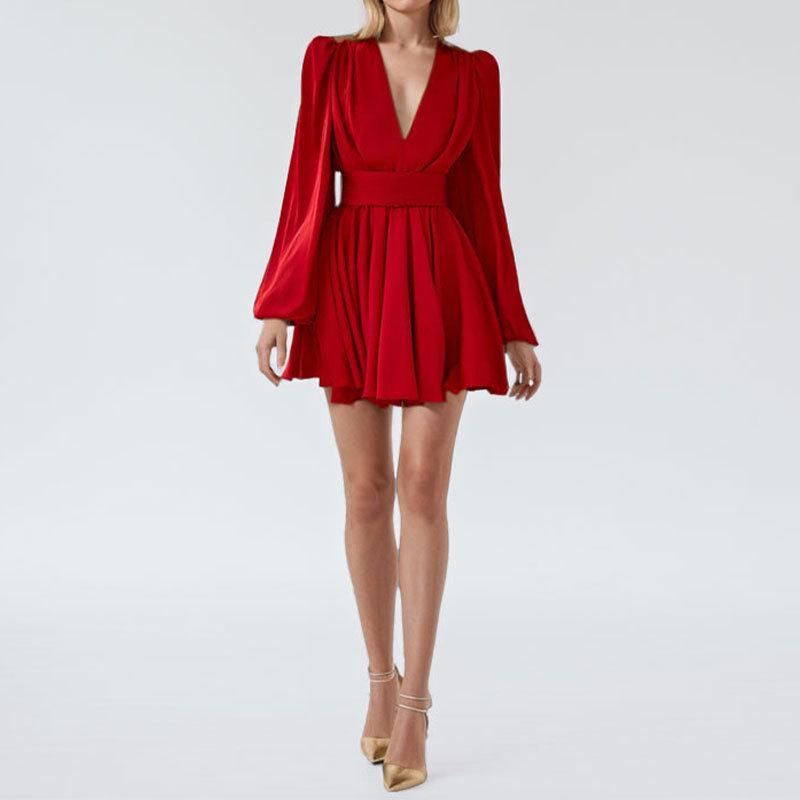 2026 Spring Elegant French V-Neck Waist-Cinched Dress for Women