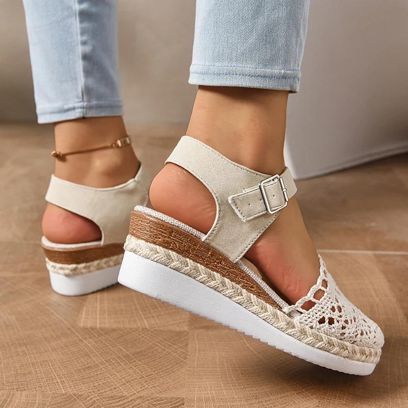 Fashion Hollow Breathable Women's Wedge Sandals Summer 2025 Buckle Strap Platform Espadrille Shoes Woman Lightweight Closed Toe Sandals
