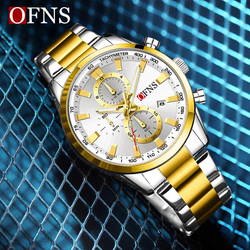 OFNS 3D Sun Dial Quartz Watch: Luminous, Waterproof, Multifunctional Men's Timepiece with Three-Eye, Six-Needle Design and Calendar.