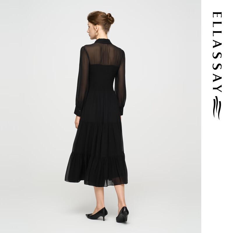 ELLASSAY 2025 Early Autumn Elegant Black Chiffon Tiered Long Sleeve Dress