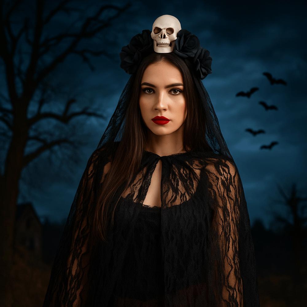 Black Rose Skull Hair Band Lace Cosplay Headdress Cool Halloween Headband Girl