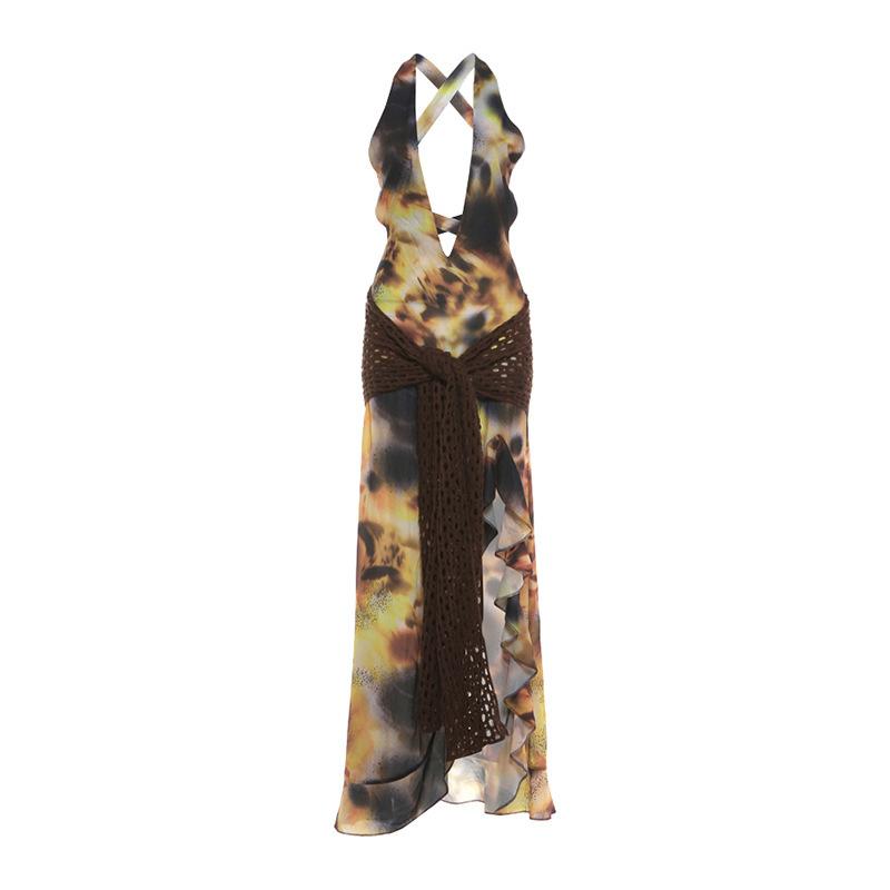 European and American style 2026 spring and summer new women s clothing sexy backless cross strap deep V split print dress S