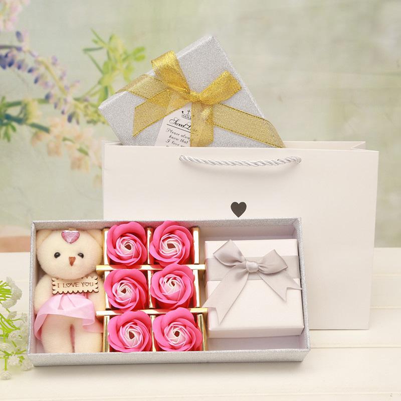 6pcs Romantic Rose Bear with Gift Box Soap Flower Heads Artificial Flowers Bathing Petals Box For Valentine's Day Wedding Gift