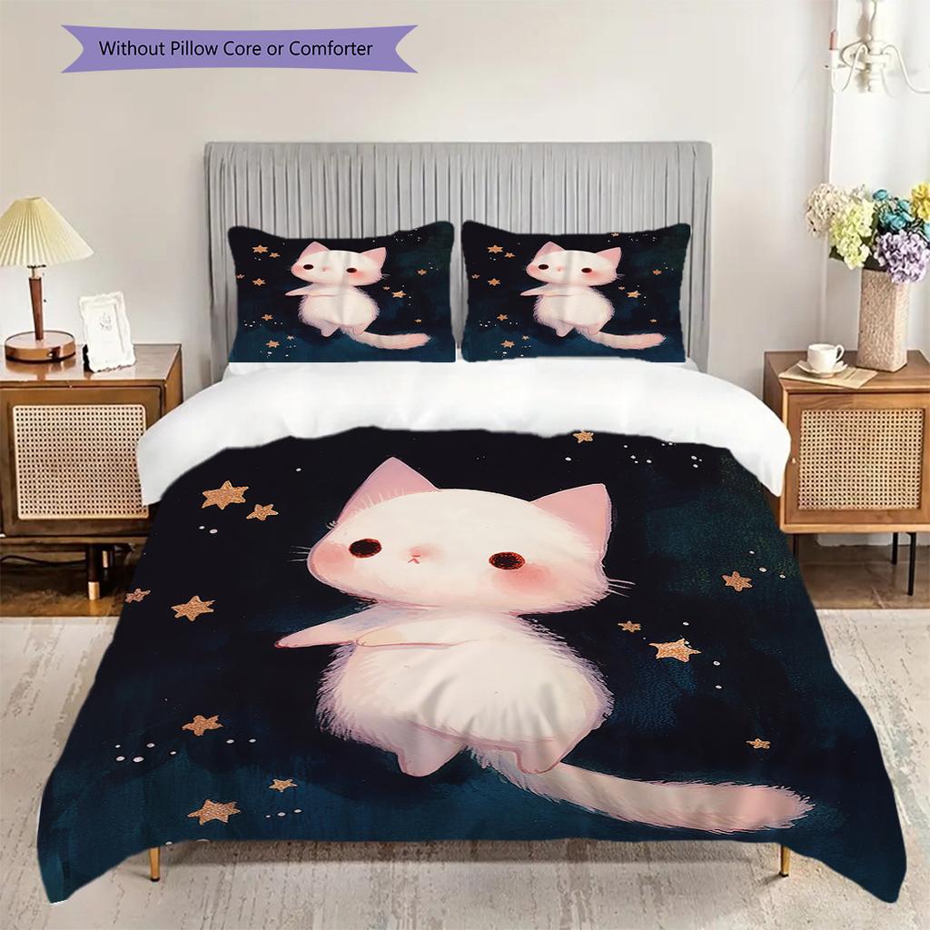 White Cat Pattern Bedding Quilt Set Quilt Cover Pillowcase Home Decoration Birthday Gift (1 * Duvet Cover + 2 * Pillowcase, Without Core)