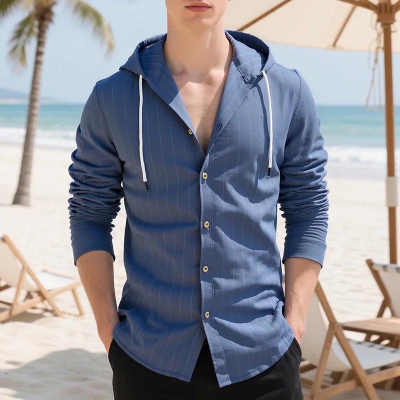 Drawstring Linen Cardigan Trendy Loose Beach T-shirt Men's Vertical Striped Casual Long-sleeved Shirt Hooded