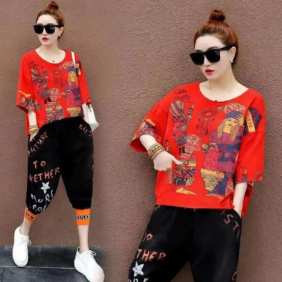 Women  2PC Summer Suit Big Yards T-shirt Pants Two-piece Comfortable Short-sleeved Top and Longs Pants Loose Casual Suit
