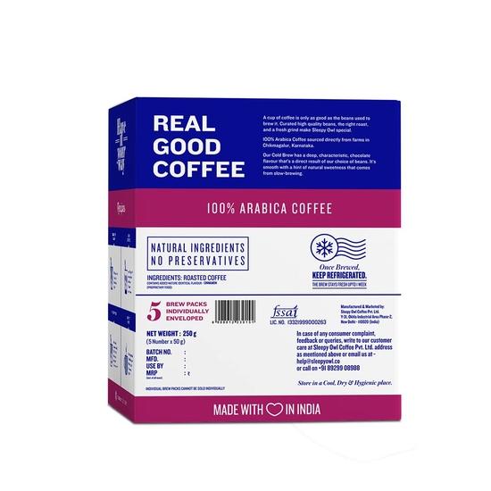 Sleepy Owl Cinnamon Cold Brew Coffee Bags | 100% Arabica Coffee | Set of 5 Packs - Makes 15 Cups | Easy 3 Step Overnight Brew - No Equipment Needed