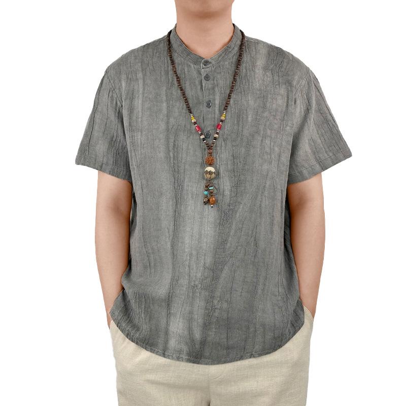 High End Pure Linen Men's Summer Thin Short Sleeved T-shirt, Men's Chinese Style Standing Neck Half Sleeved Loose Casual Top