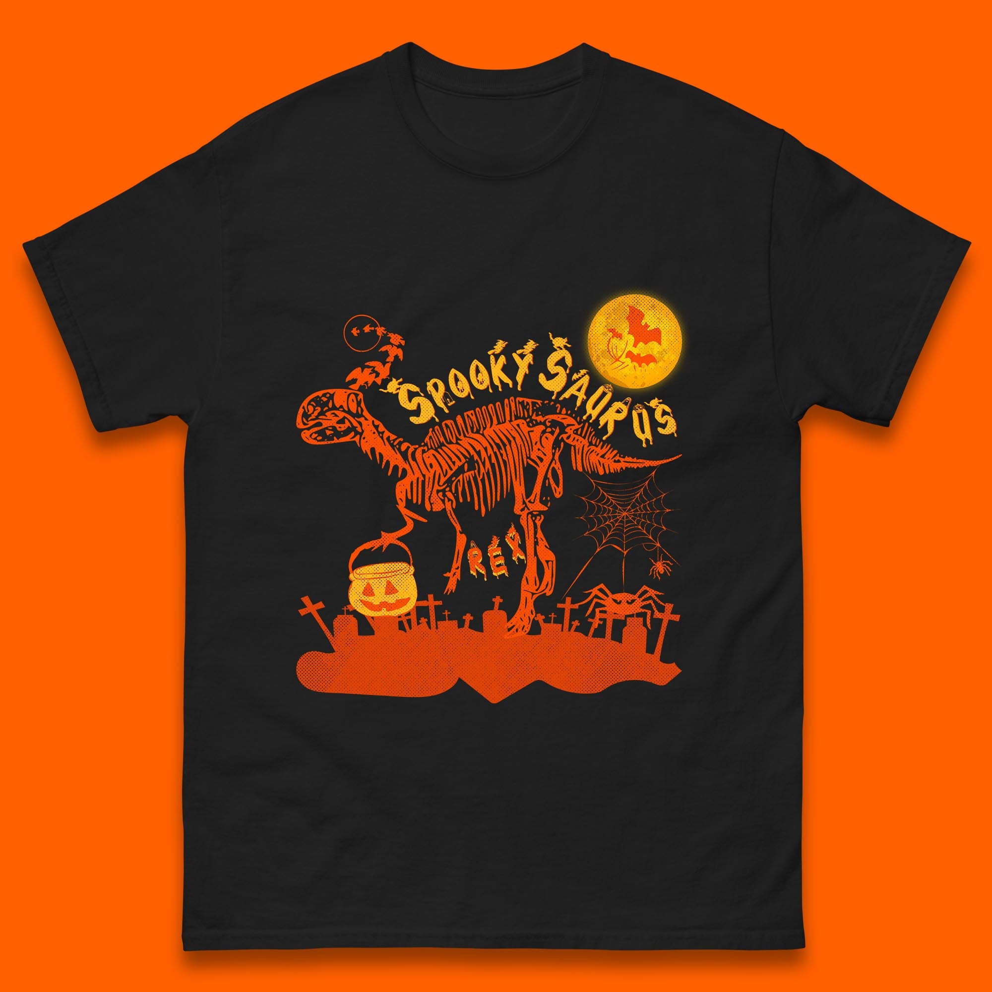 Spooky Saurus Rex Halloween Dinosaur Skeleton T-Rex Scary Pumpkin Mens Tee Top 4XL