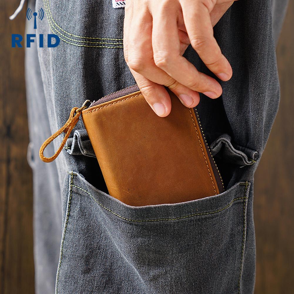 Genuine Leather Cowhide Card Holder Wallet RFID ID Card Holder Zipper Short Purse Organ Card Case Bag