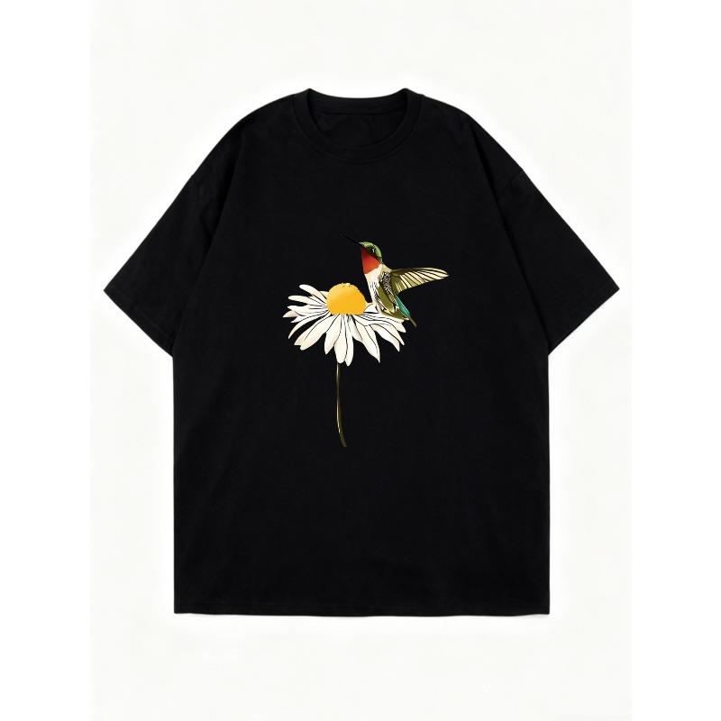 Oversized T Shirt Dress Black Hummingbird And Daisy Print Casual Wear For Women