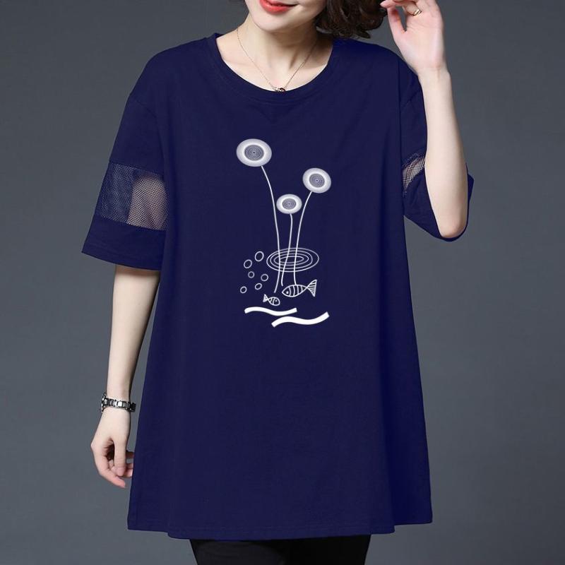 Mittleres und langes Oberteil zum Bedecken des Bauchs, kurzärmeliges Sommer-T-Shirt mit Netz-Patchwork für Mütter mittleren Alters und lockeres, großes, schmales Oberteil