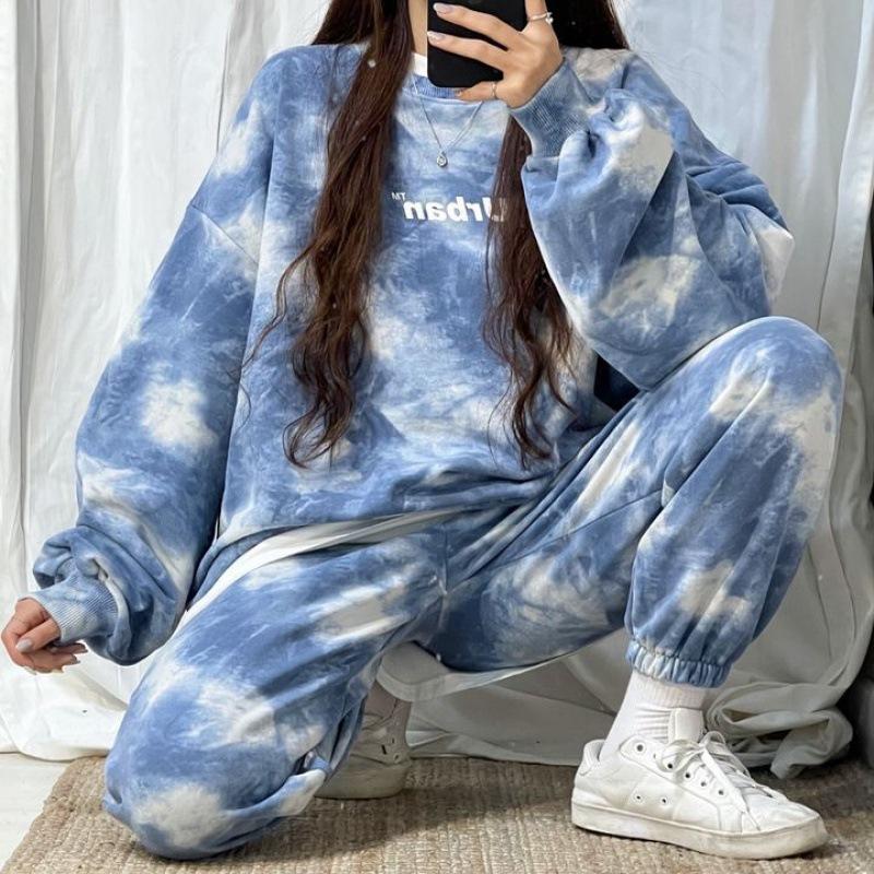 

Long-sleeved Trousers Suit Set Casual Loose Wide Leg Middle with Pockets Female Soft Summer Sets Sports Suit S синій