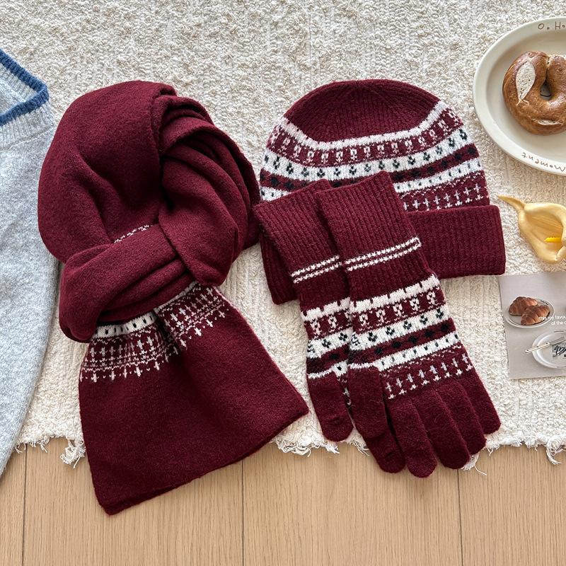 3Pcs/Set Knitted Ring Scarf Women Wool Hat Scarf Gloves Solid Cap Design Soft Cashmere Pashmina Collar Christmas