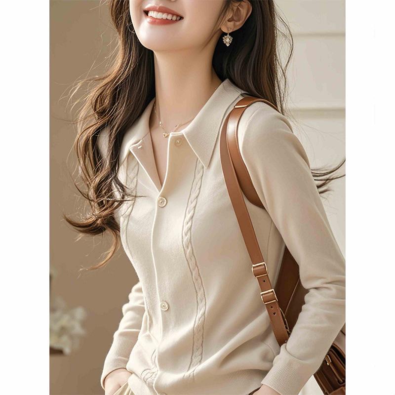 Gentle wind lapel neck long-sleeved knitted sweater autumn new wear bottom top women's sweater