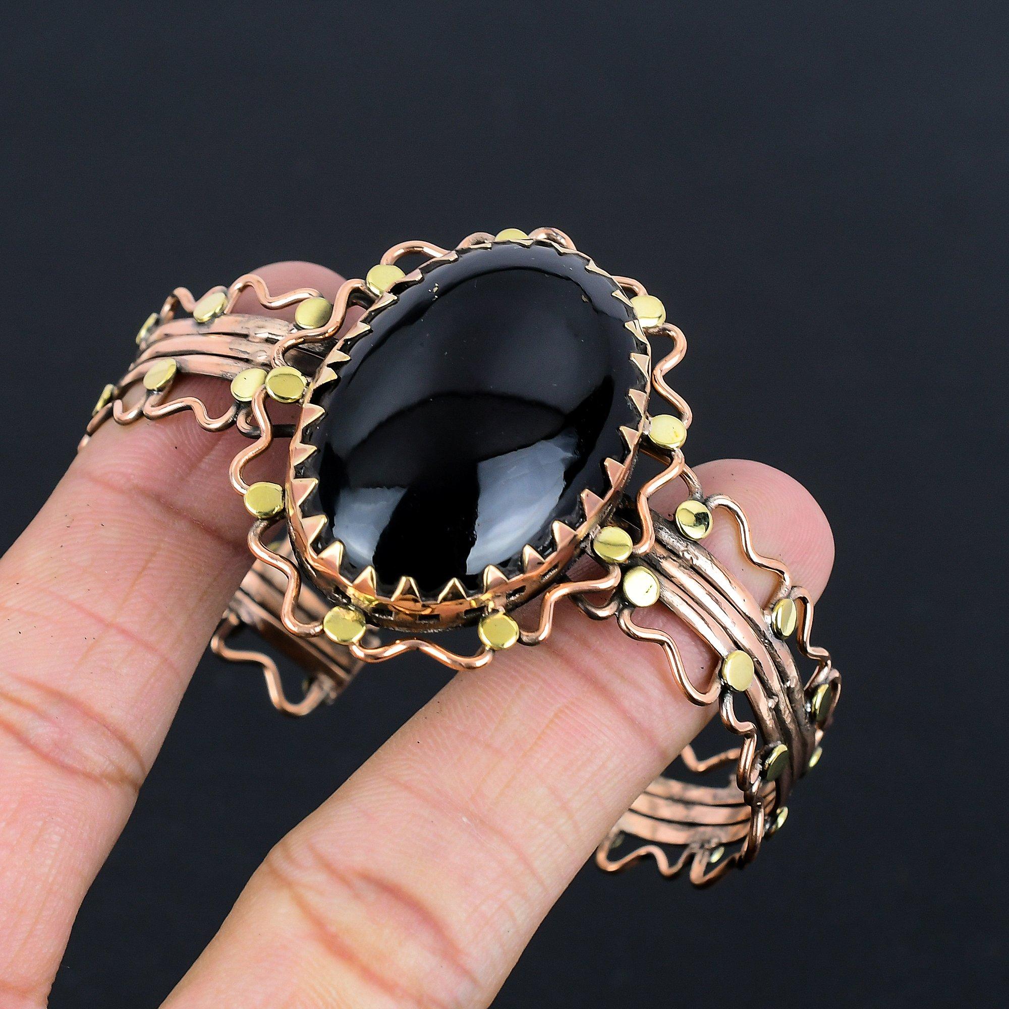 

Браслет из черного оникса ручной работы, браслет из антикварных ювелирных изделий, обернутый медной проволокой 999 пробы, подарок для любви