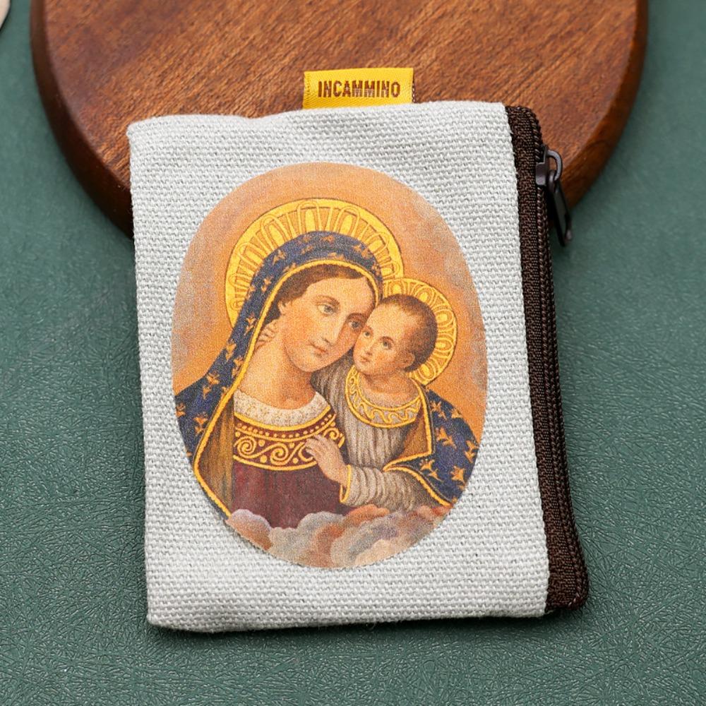 Virgin Mary Bead Storage Bag Zippered Devout Christian Jewelry Organizer Cartoon Design Elegant Rosary Storage Bag Devotees