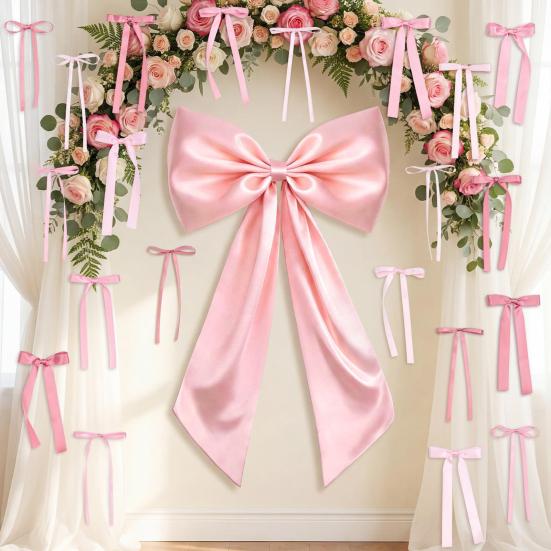 41Pcs Large Pink Ribbon Bow Decoration Fabric Party Ornament for Wedding Birthday Christmas Indoor Outdoor Hanging Decor for Walls Windows Gardens