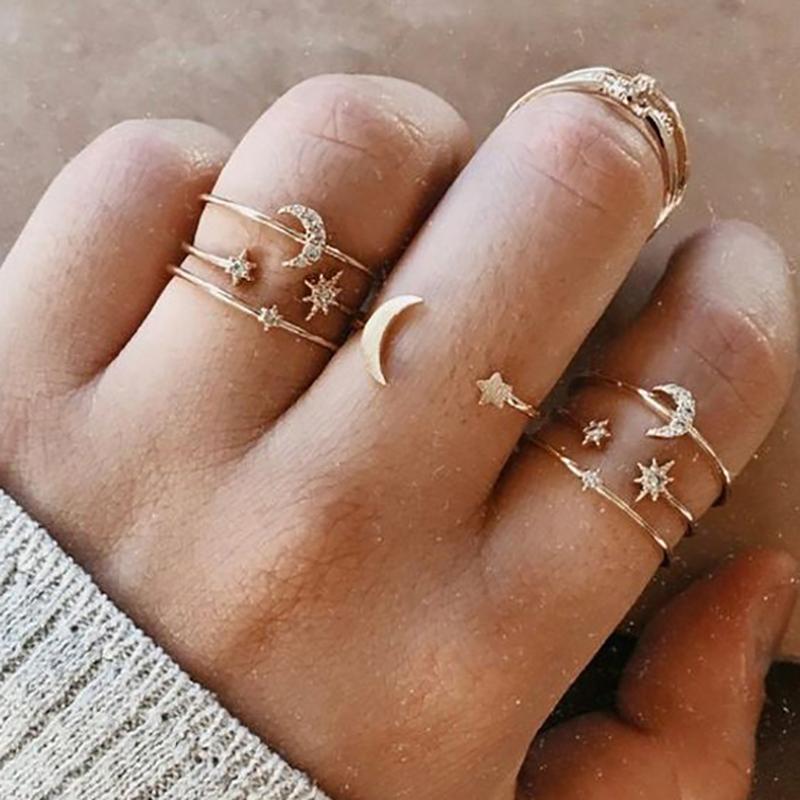 

10 шт., винтажное кольцо золотого цвета, креативное ретро-суставное кольцо, набор колец со звездой и луной, кольца на палец с жемчугом и листьями, простые ювелирные изделия