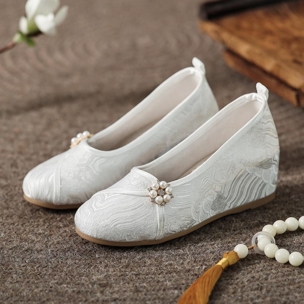 Wedge heels, single shoes, Chinese national style cheongsam, Hanfu with horse dress, ancient clothing, solid color, plain cloth shoes, women's shoes