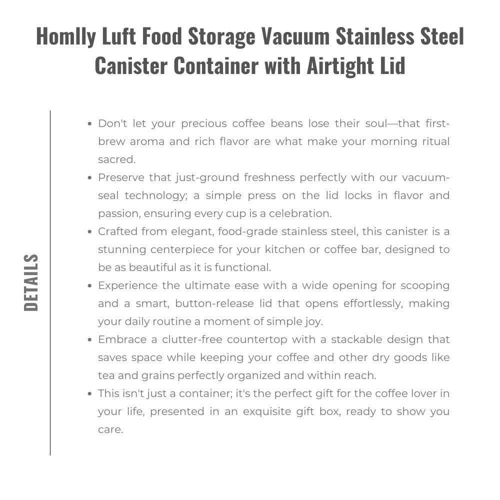 Homlly Luft Food Coffee Storage Vacuum Stainless Steel Canister Container with Airtight Lid (X2PCS)