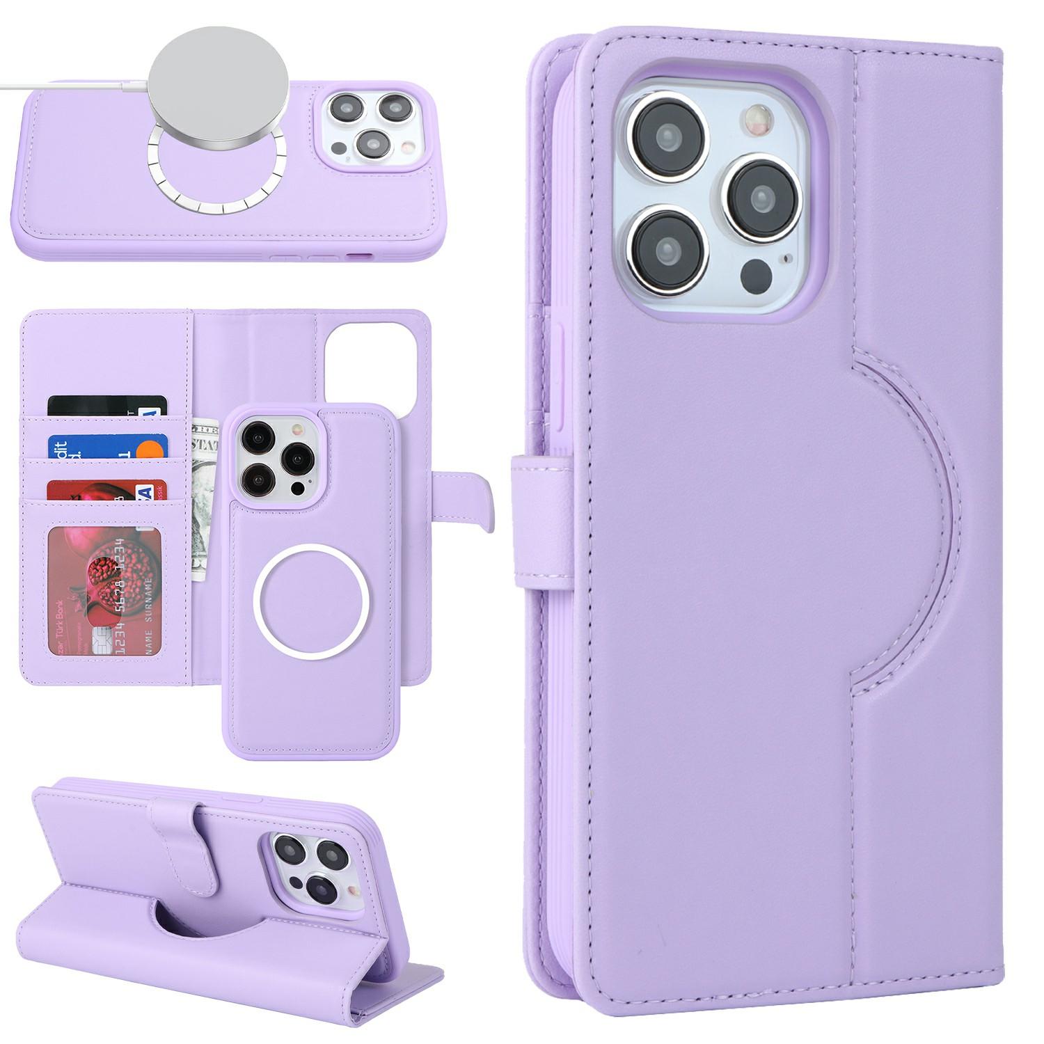 

For iPhone 15 Pro Wallet Case Compatible with MagSafe Anti-Drop Detachable PU Leather Phone Cover Purple