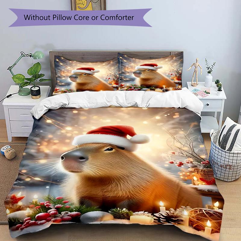 

3pcs Christmas Capybara Santa Hat Bedding Set - Includes One Quilt Cover and Two Pillowcases (No Core) - Festive Anime Design for Bedroom Decor - Poly 135x200cm