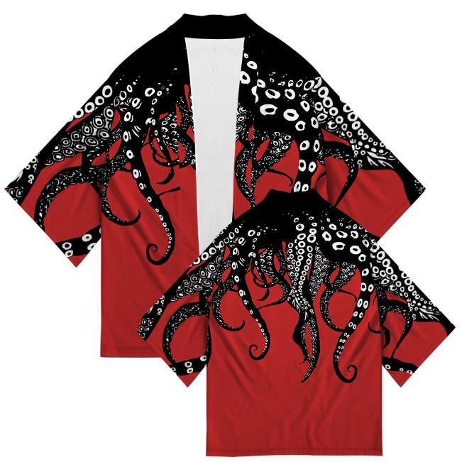 

Летняя женская футболка додзё с принтом осьминога и кальмара, с рукавом пять восьмых, тонкий кардиган-кимоно, трендовая 3XL