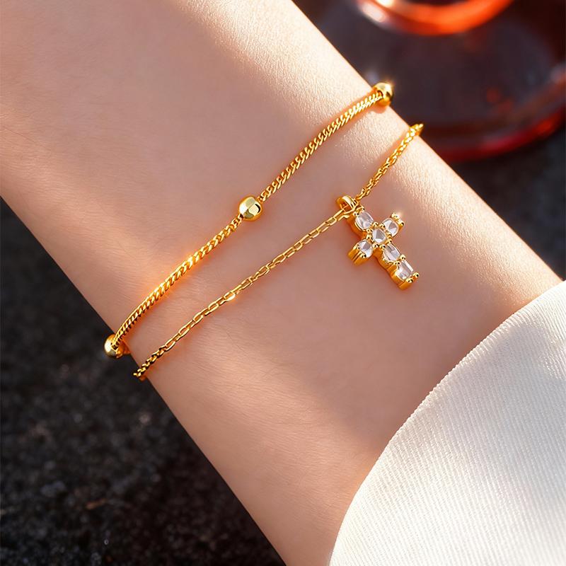 Fashion Gold Color Double Layers Crystal Cross Copper Chain Bracelet For Women Girls Adjustable Charm Bracelet Jewelry Gifts