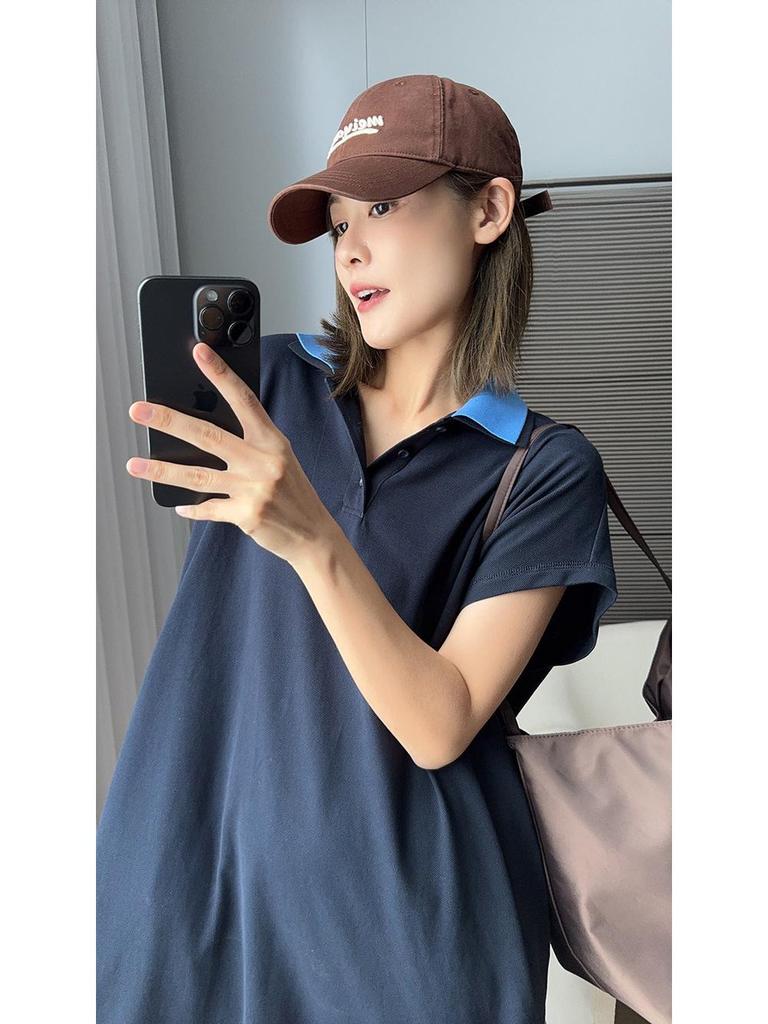 Meiyang Chubby Cotton Pique Knit Color Block Polo Neck Long Dress