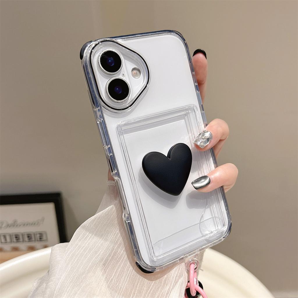 For iPhone 15 Pro Max 16 Plus 14 Protection Heart Love Texture Bracelet Protector Mobile Phone Case Card Slot Plastic Cover